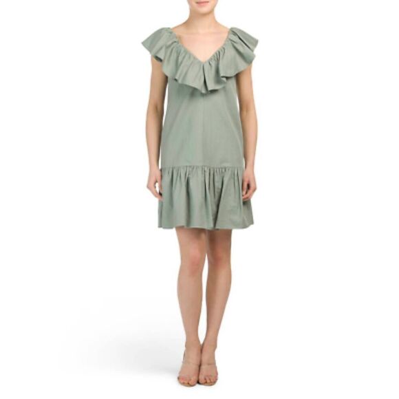 Rebecca Taylor linen blend sage ruffle dress size 0 - Picture 1 of 6